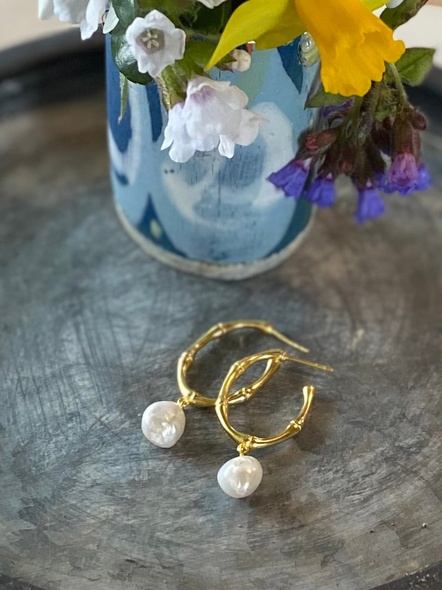 Gold bamboo and pearl earrings